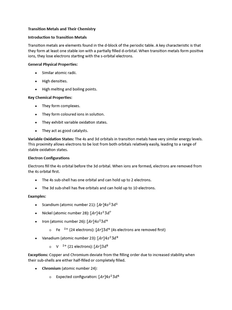 Transition Metals and Their Chemistry | PDF | Coordination Complex | Ligand