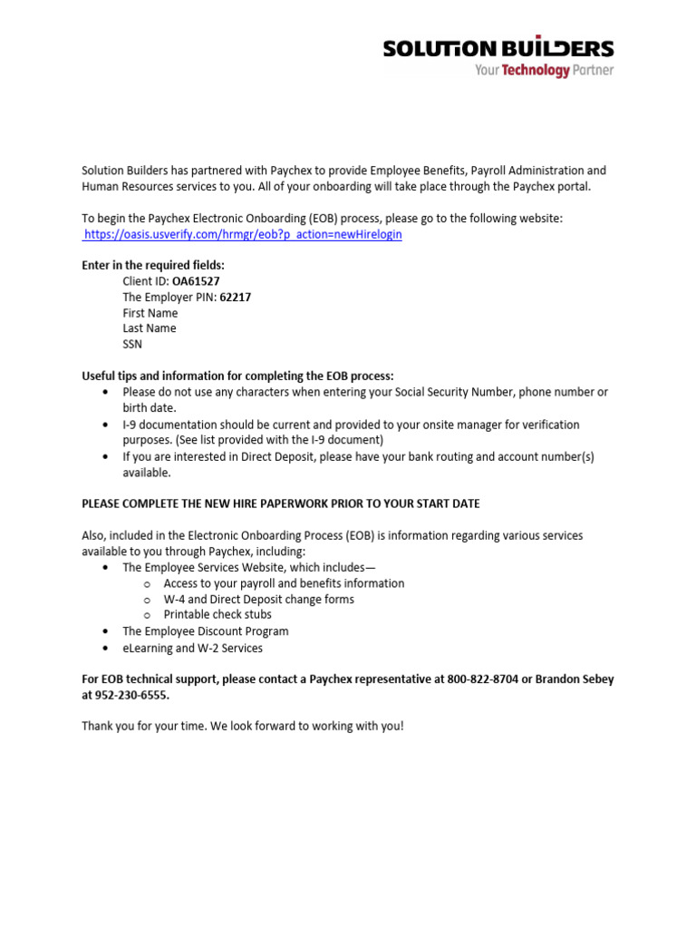 Solution Builders and Paychex Onboarding | PDF