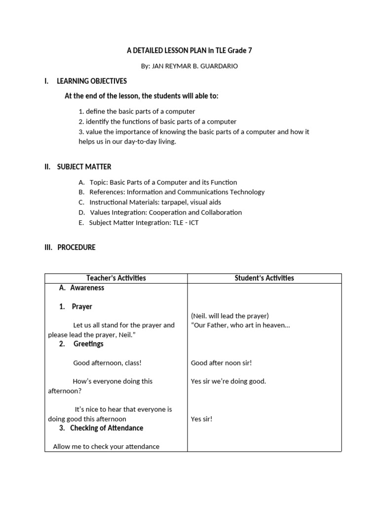 Tabakz A Detailed Lesson Plan in Tle Grade 7 | PDF | Cursor (User ...