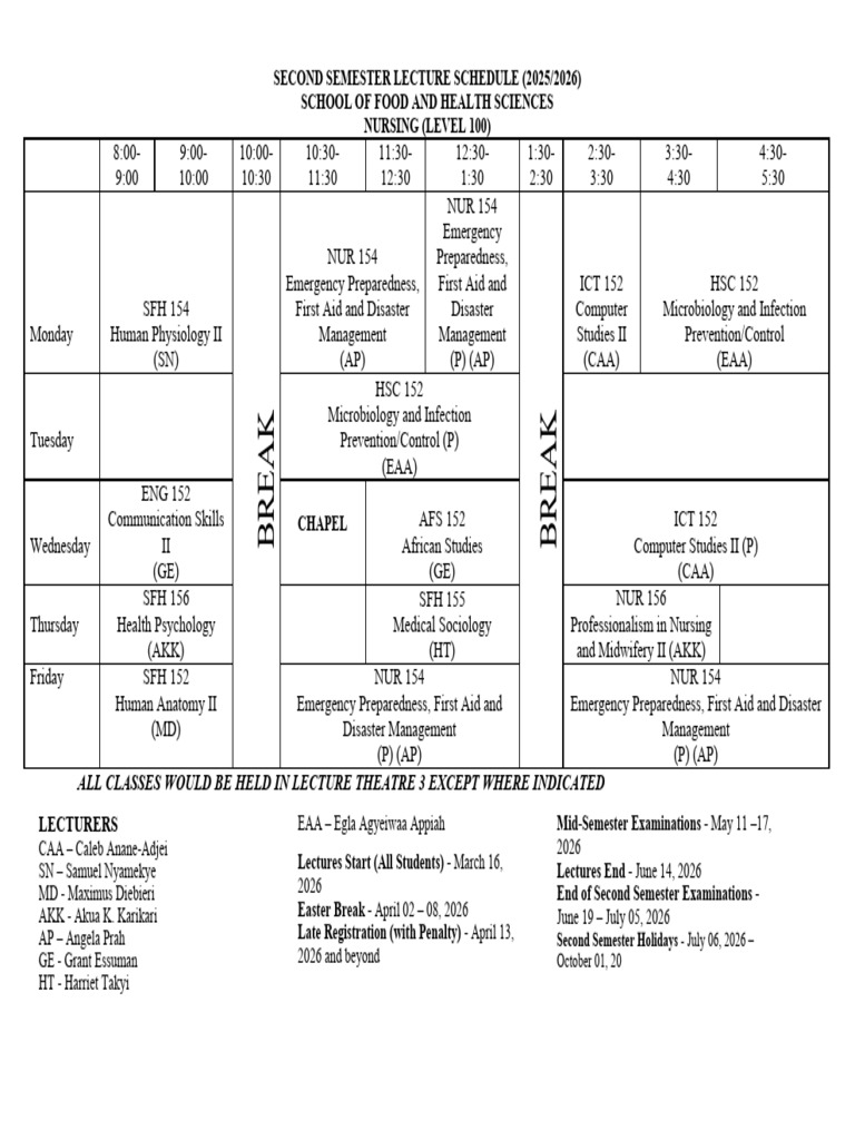 Lecture Schedule Nursing 2026 2 | PDF | Academic Term