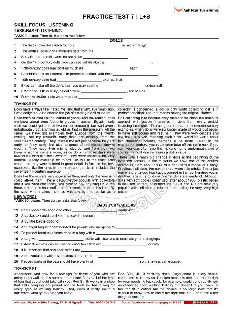 B1 Practice Test 7 LS TASK 9-12 | PDF | Dolls | Dolphin