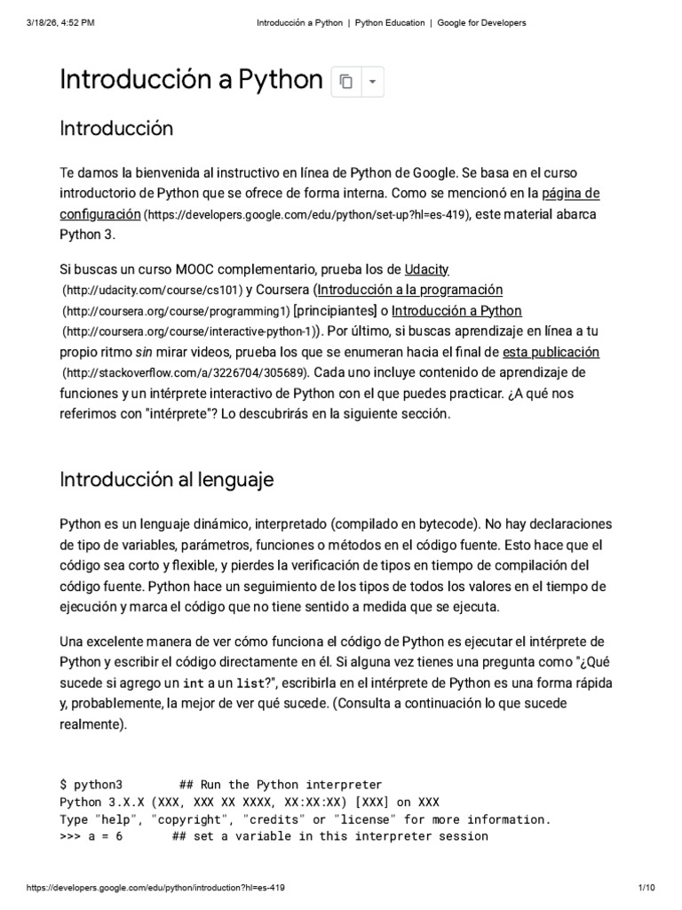 Introducción A Python - Python Education - Google For Developers | PDF