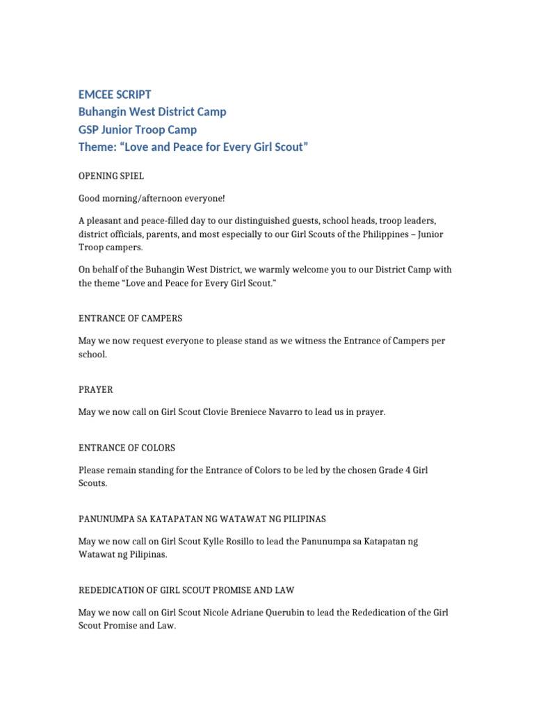 EMCEE Script Buhangin West District GSP Camp | PDF