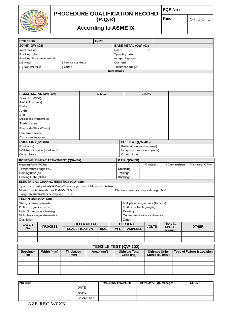 Procedure Qualification Record (P.Q.R) According To ASME IX: Aze-Rec ...