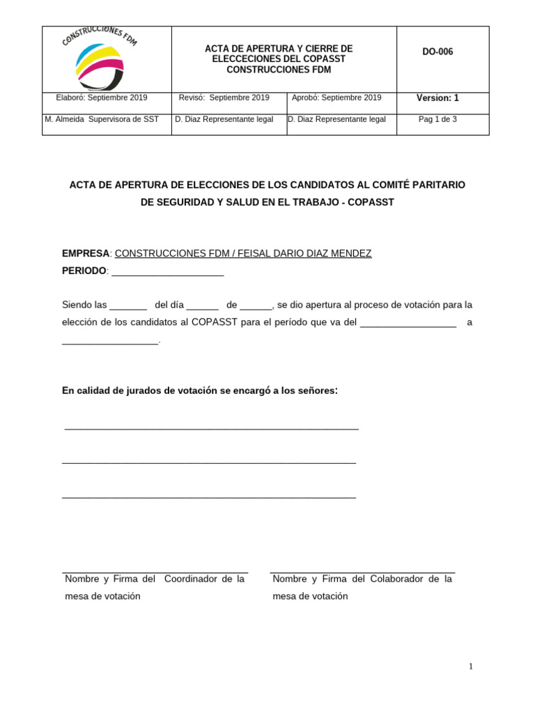 Acta de Apertura y Cierre de Las Elecciones Copasst | PDF