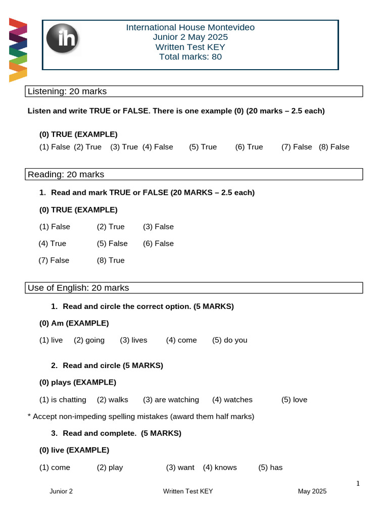 Junior 2 Written Test KEY - May 2025 | PDF