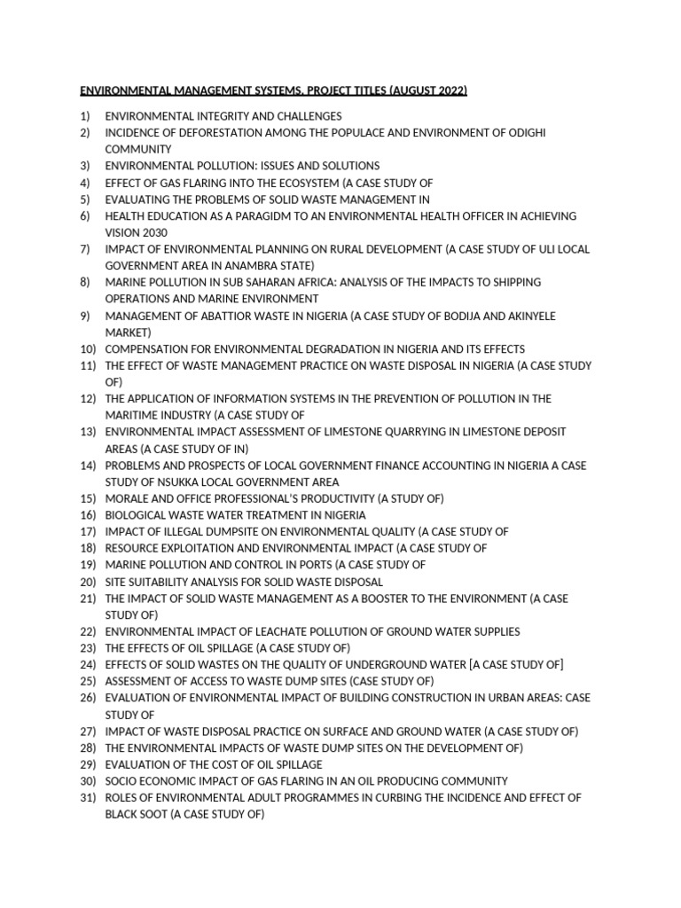 Environmental Management Systems Projects List | PDF