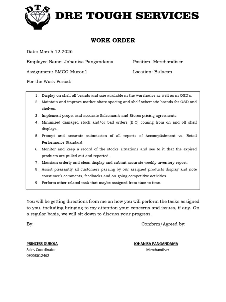 Work Order Johanisa Muzon1 | PDF