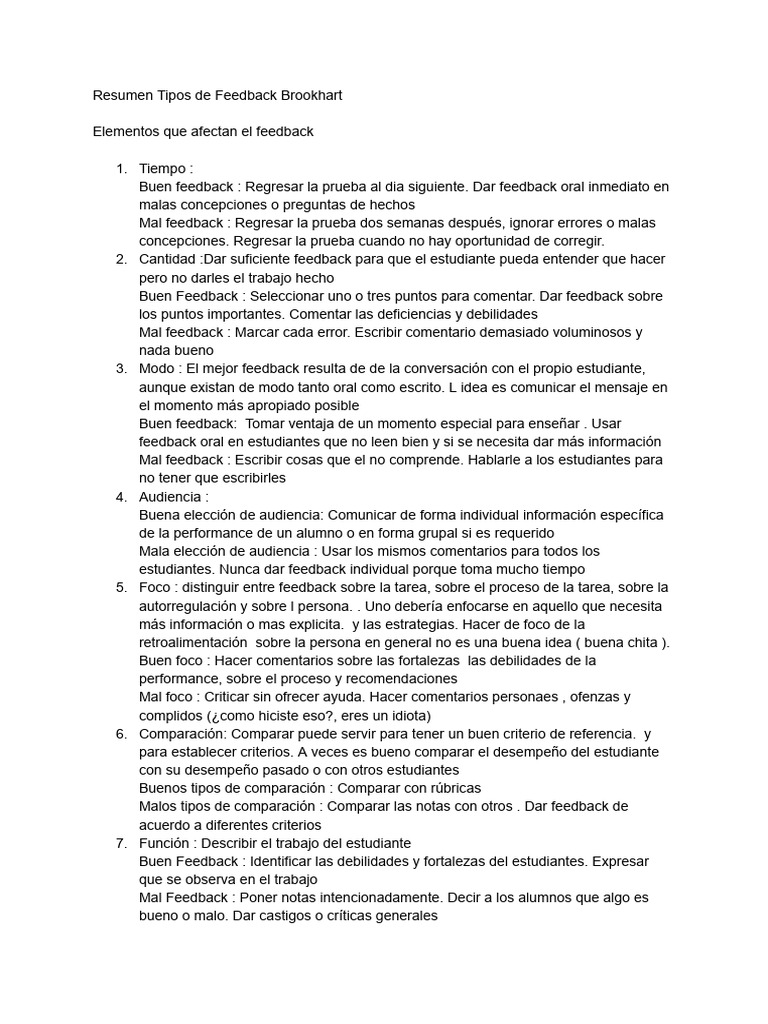 Resumen Tipos de Feedback Brookhart | PDF