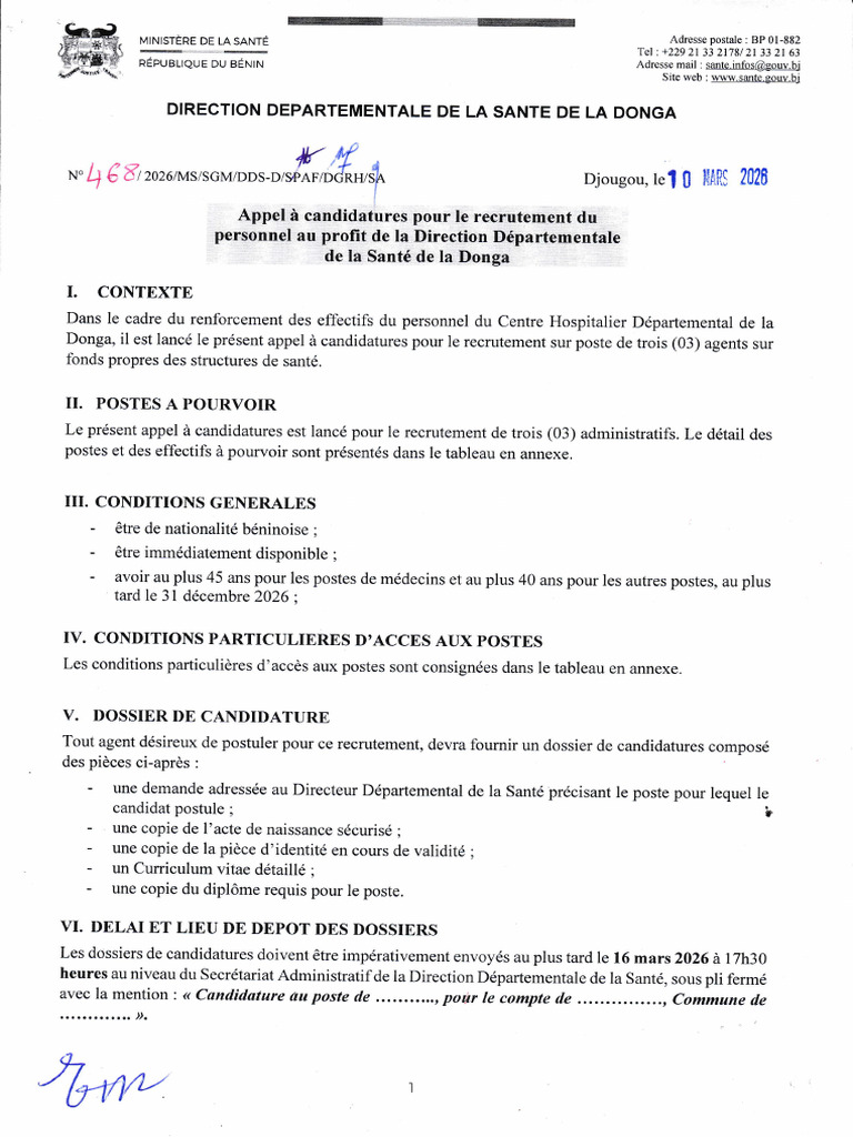 Donga - Appel A Candidatures Pour Le Recrutement Du Personnel | PDF