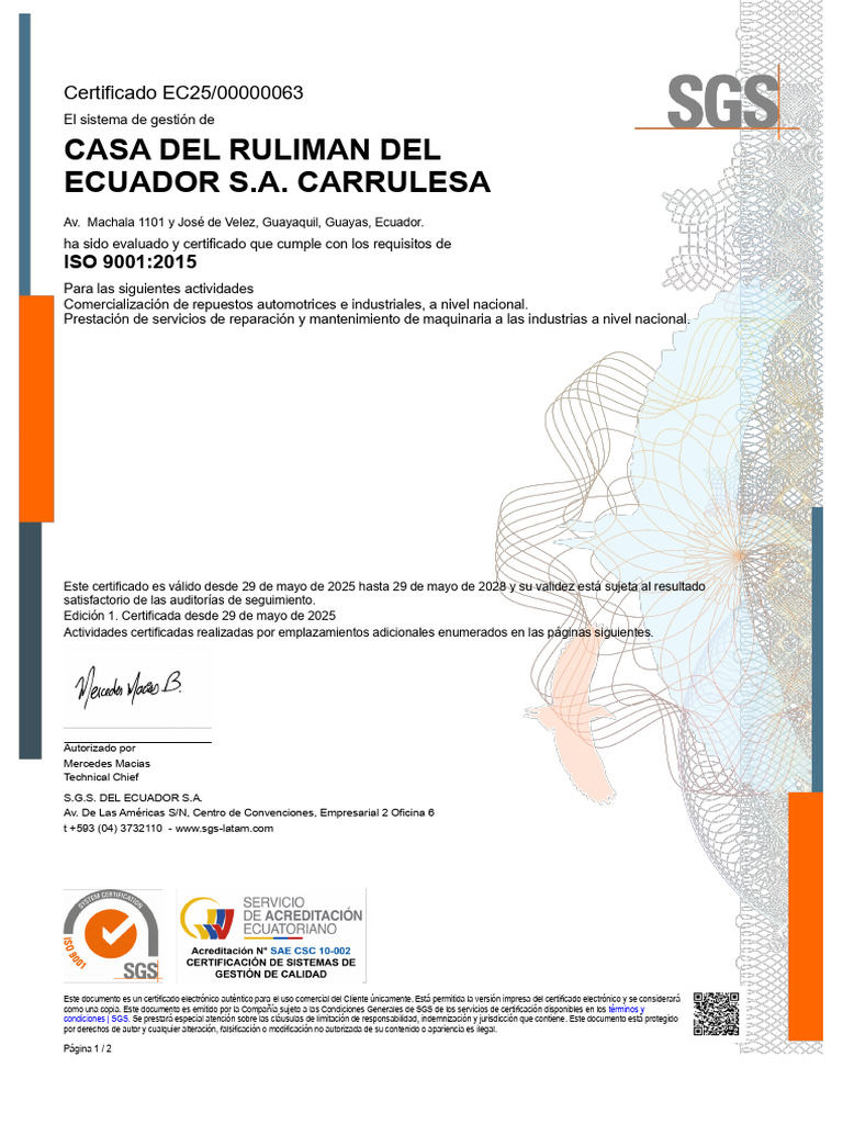 SGS - Iso 9001 - 2015 - Ecgye - 000063 - Es | PDF