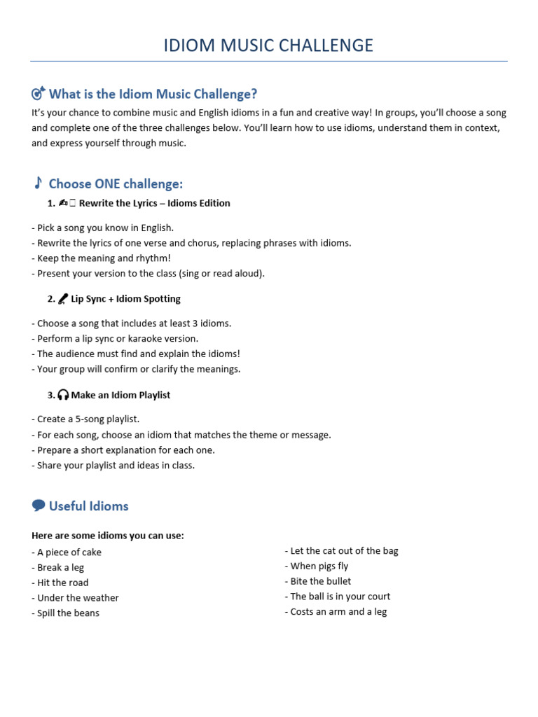 Idioms Music Challenge | PDF