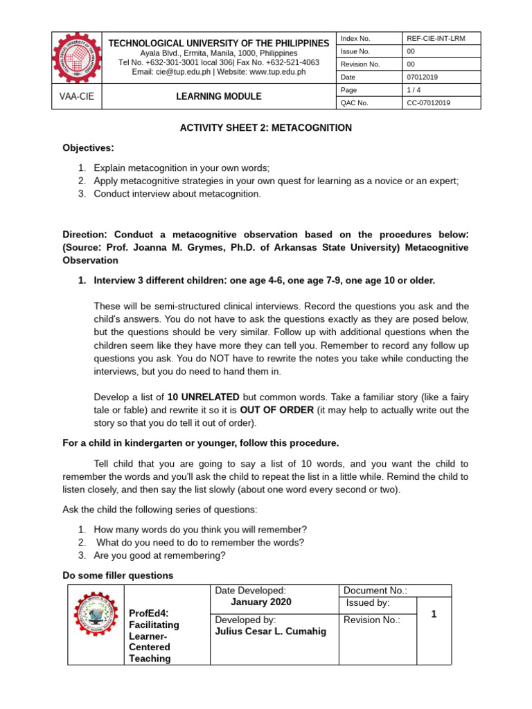 Activity Sheet 2 Metacognition | PDF
