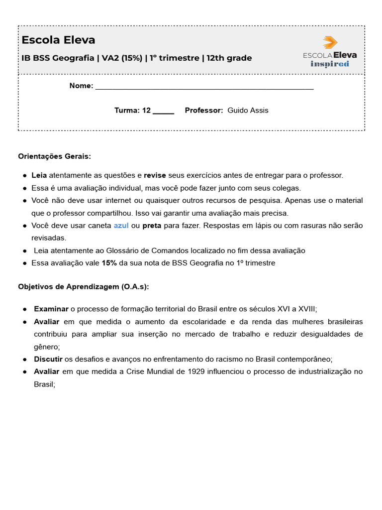 Va2 - Exercícios - Bss Geo - 12º Ano - 1 Tri | PDF