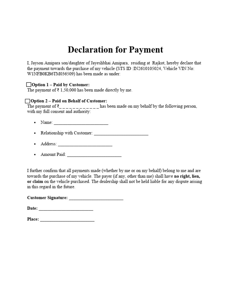 Jayson Amipara Declaration For Payment - Fomat | PDF