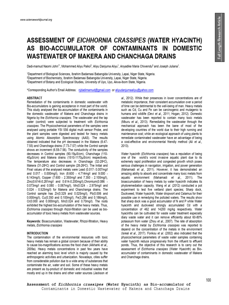 Assessment of Eichhornia Crassipes Water Hyacinth As Bio 2f1erno30s | PDF
