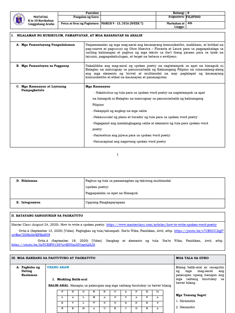 GRADE 8 DLL MATATAG - FILIPINO - Q4 - Week 7 | PDF