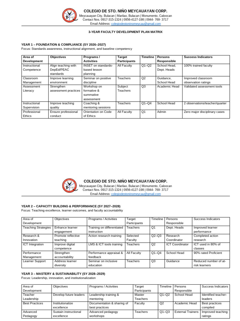 3-Year Faculty Development Plan Matrix | PDF