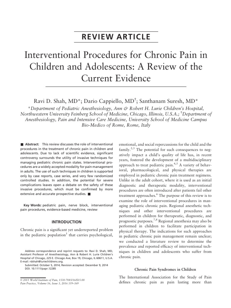 Interventional Procedures For Chronic Pain in Children and Adolescents ...