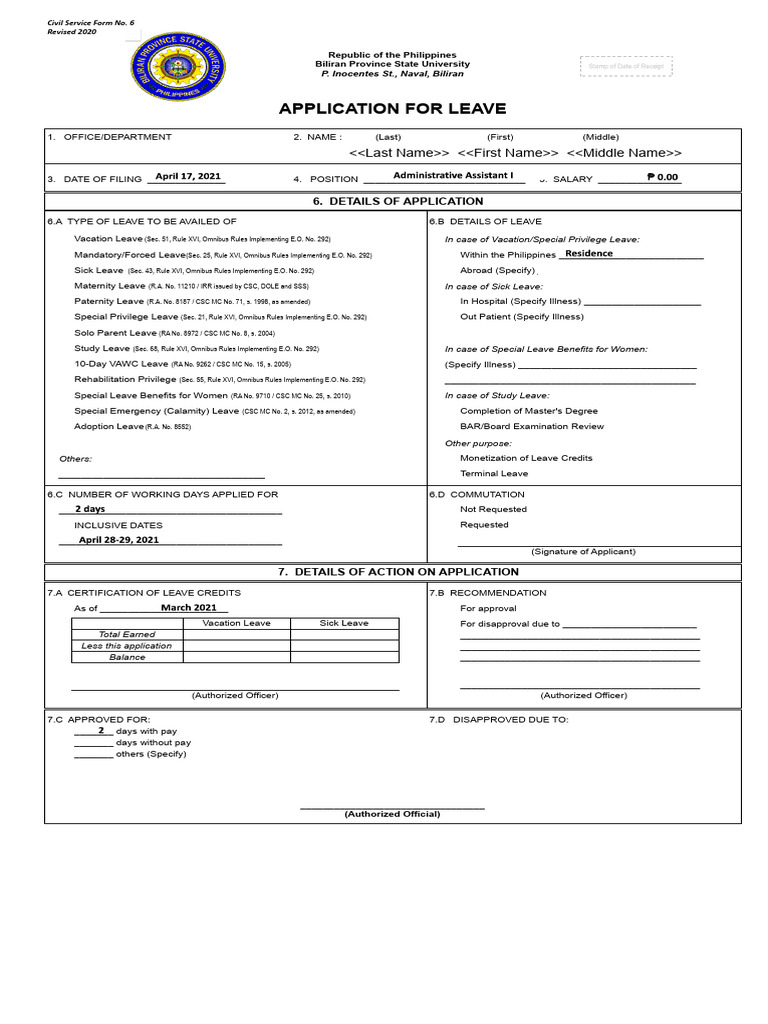 BiPSU CS Form No. 6, Revised 2020 (Application For Leave) (Fillable ...