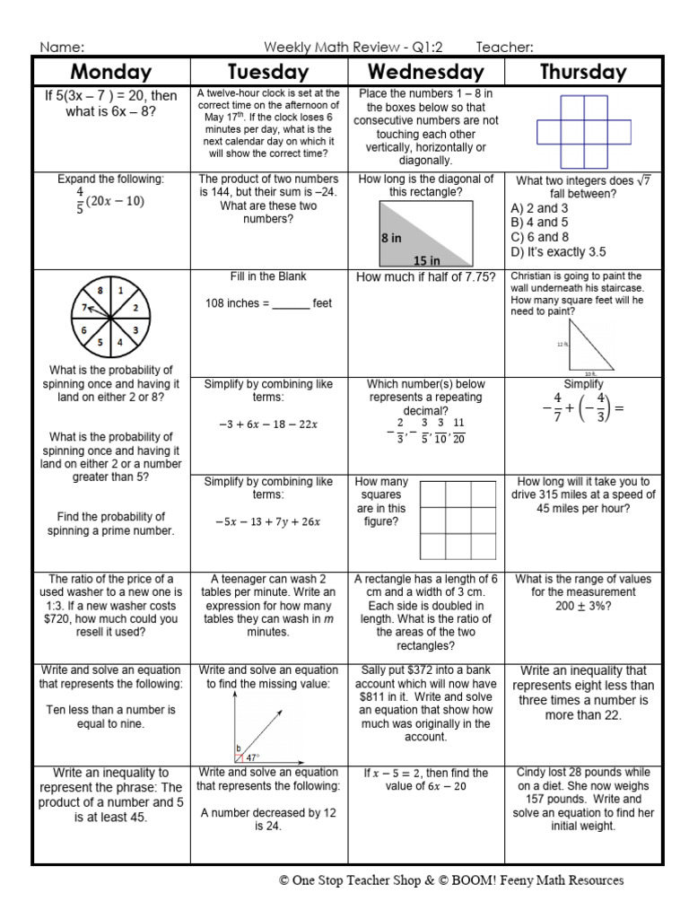 2 Math Review Q1 (Create Equations) | PDF