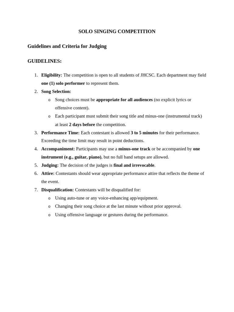 Solo Singing Competition Guidlines and Criteria | PDF