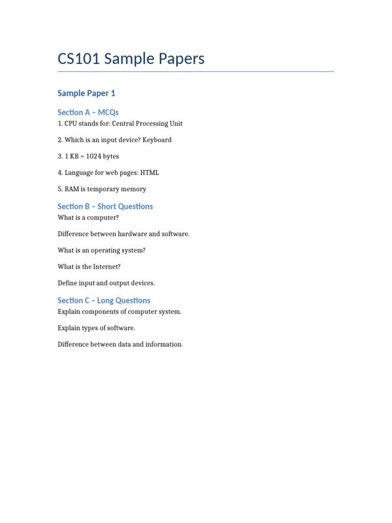 CS101 Sample Papers | PDF