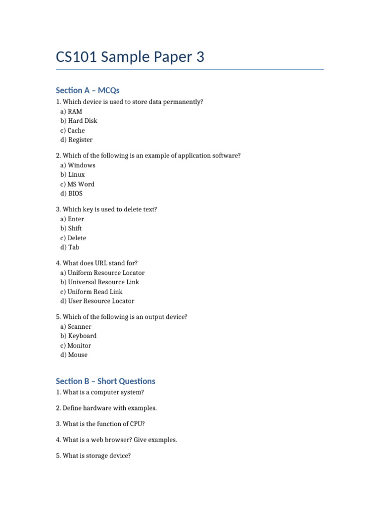 CS101 Sample Paper 3 | PDF