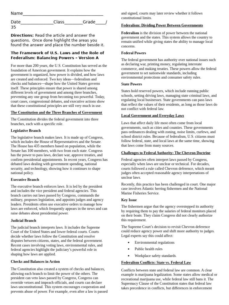 Article - The Framework of U.S. Laws and The Role of Federalism | PDF