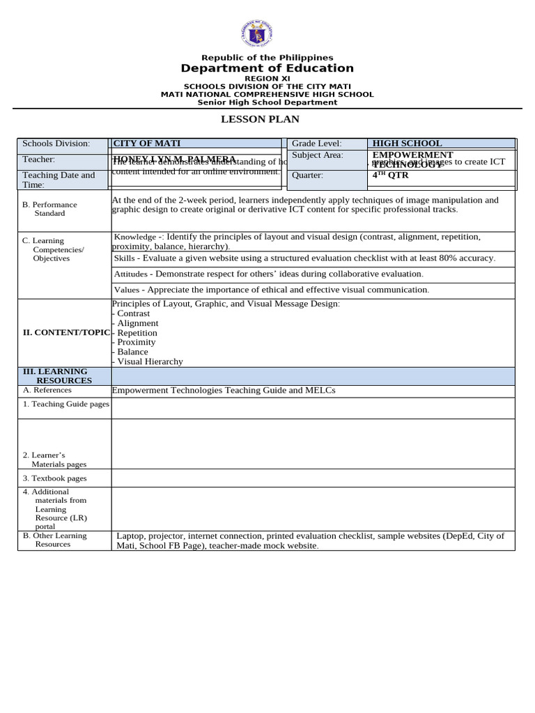 New Lesson Plan Format HIGH SCHOOL | PDF
