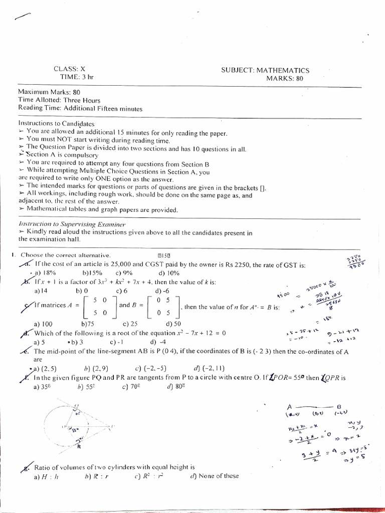 Math Pre-Board Paper - Class X | PDF