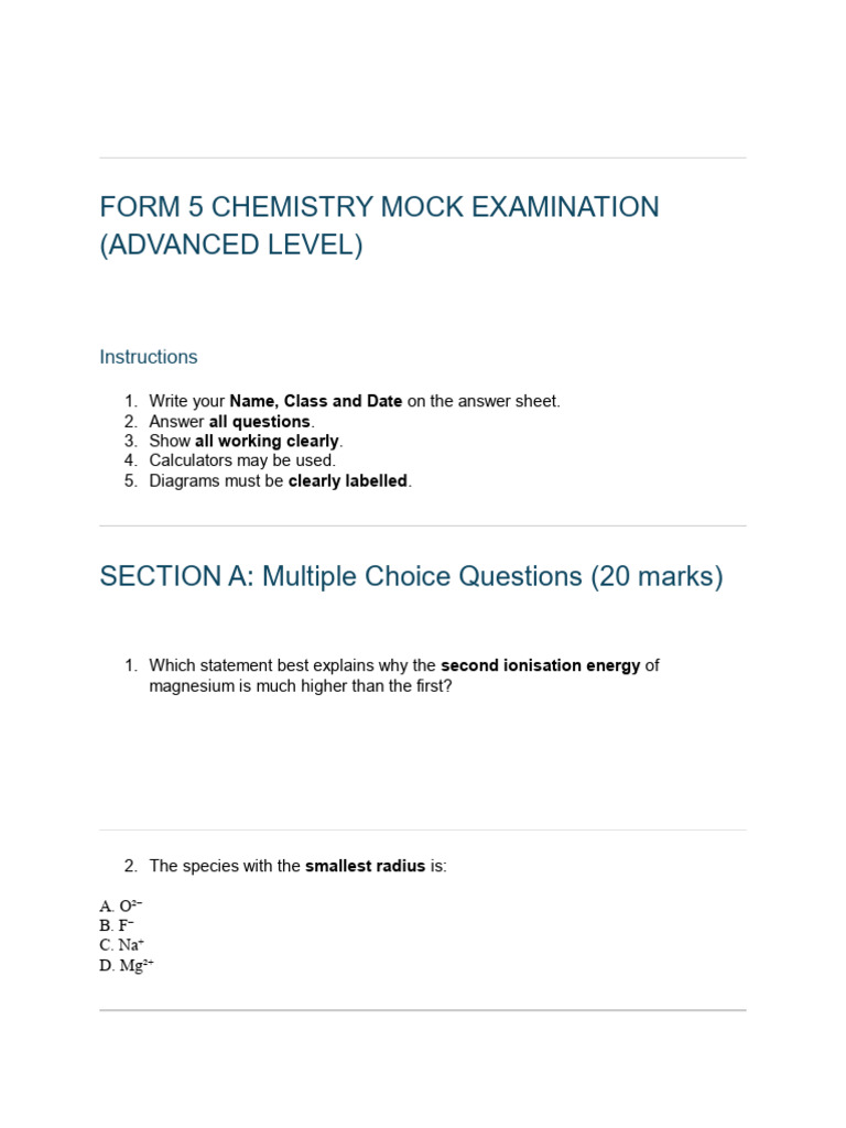 Form 5 Mock Exam | PDF