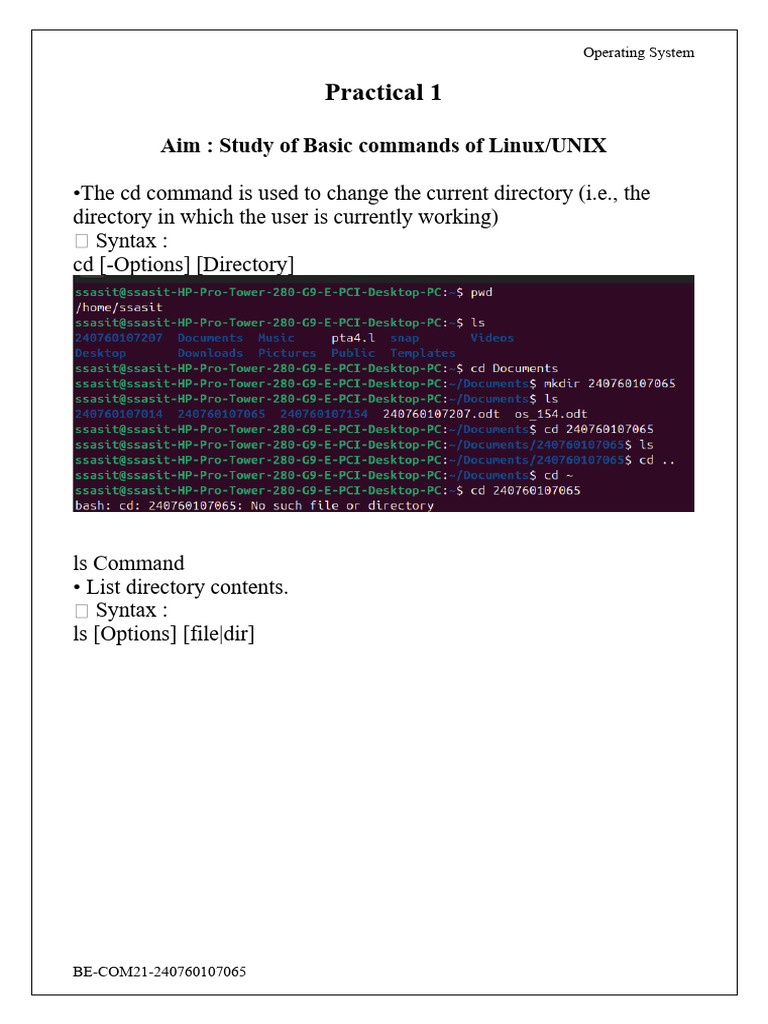 Practical 1: Aim: Study of Basic Commands of Linux/UNIX | PDF