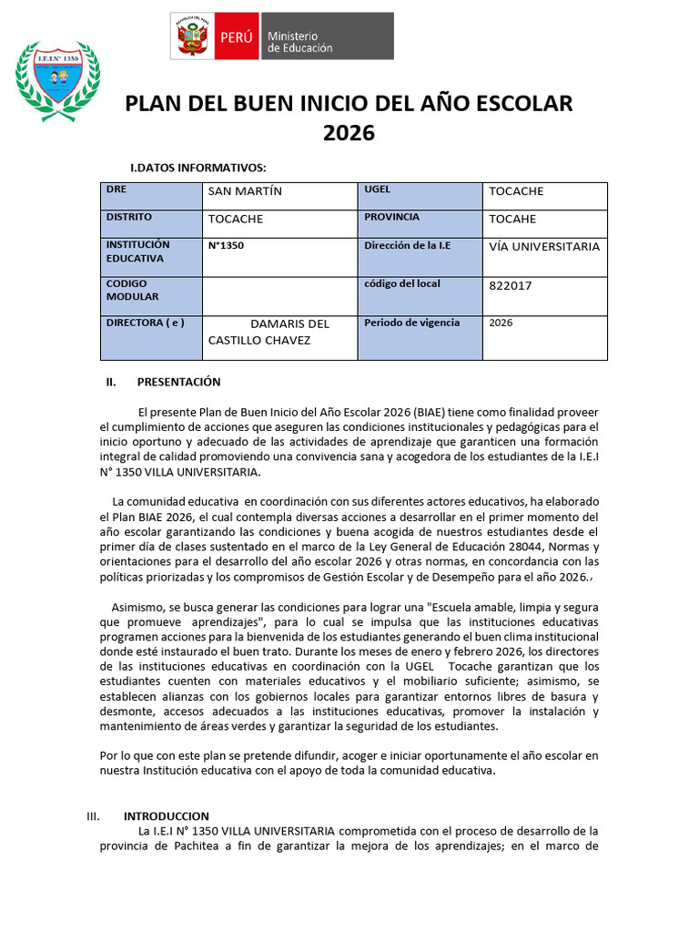 Plan Del Buen Inicio Del Año Escolar 2026.1350 | PDF | Educación ...