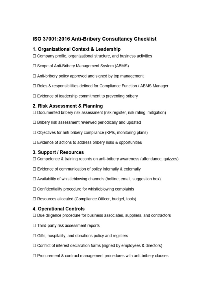 ISO 37001 Antibribery Audit Checklist | PDF