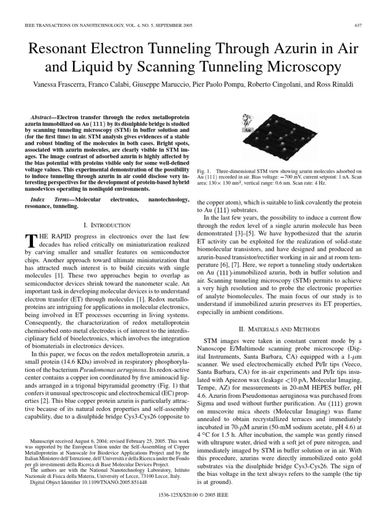 Resonant Electron Tunneling Through Azurin in Air and Liquid by ...