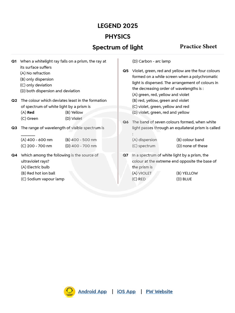Spectrum of Light: Practice Sheet (Only PDF) - Legend 2025 | PDF