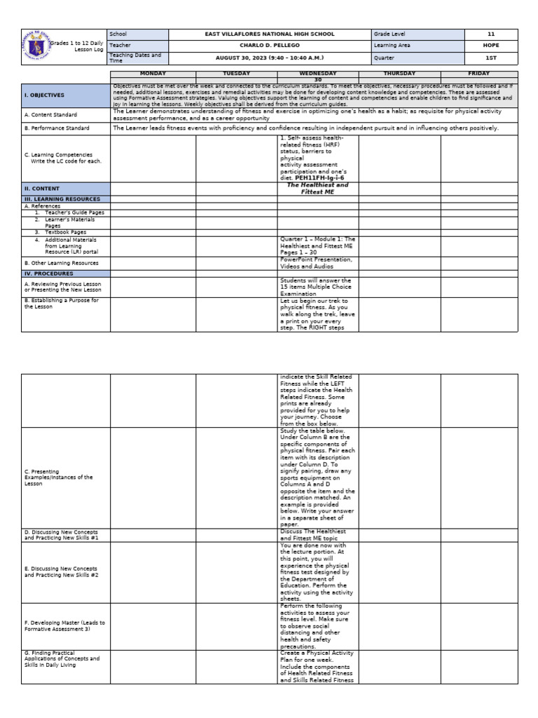 Hope 11 1st Quarter DLL | PDF | Learning | Physical Fitness