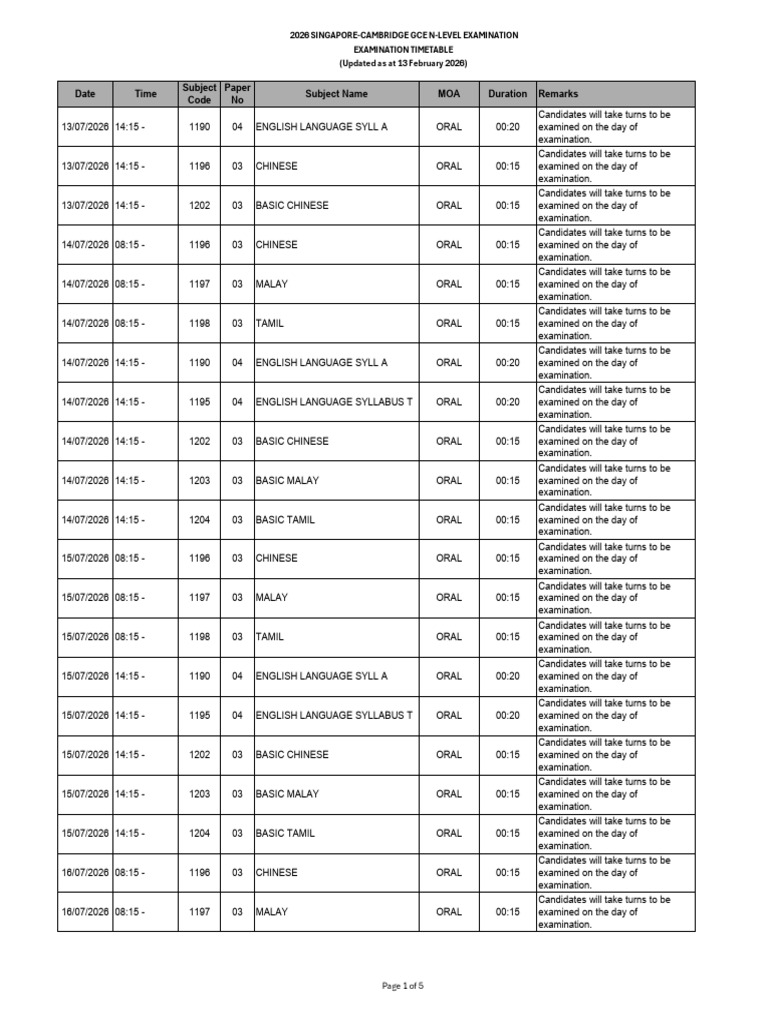 2026 N Level Exam Cal | PDF