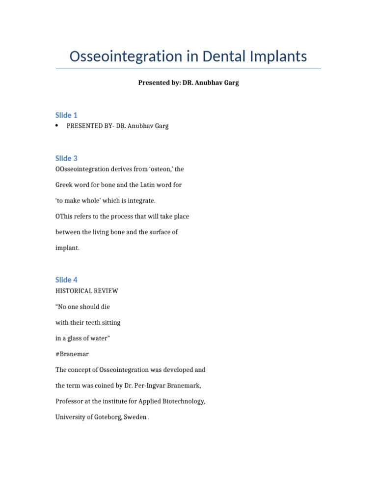 Osseointegration in Dental Implants | PDF