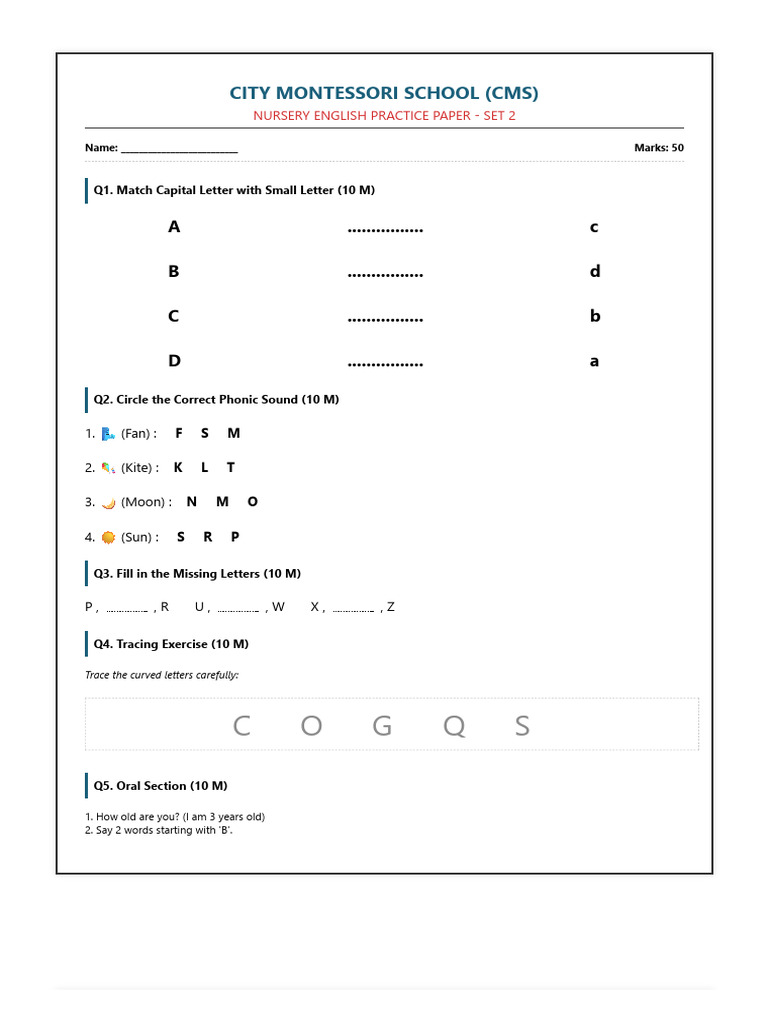 CMS Nursery Practice Paper | PDF