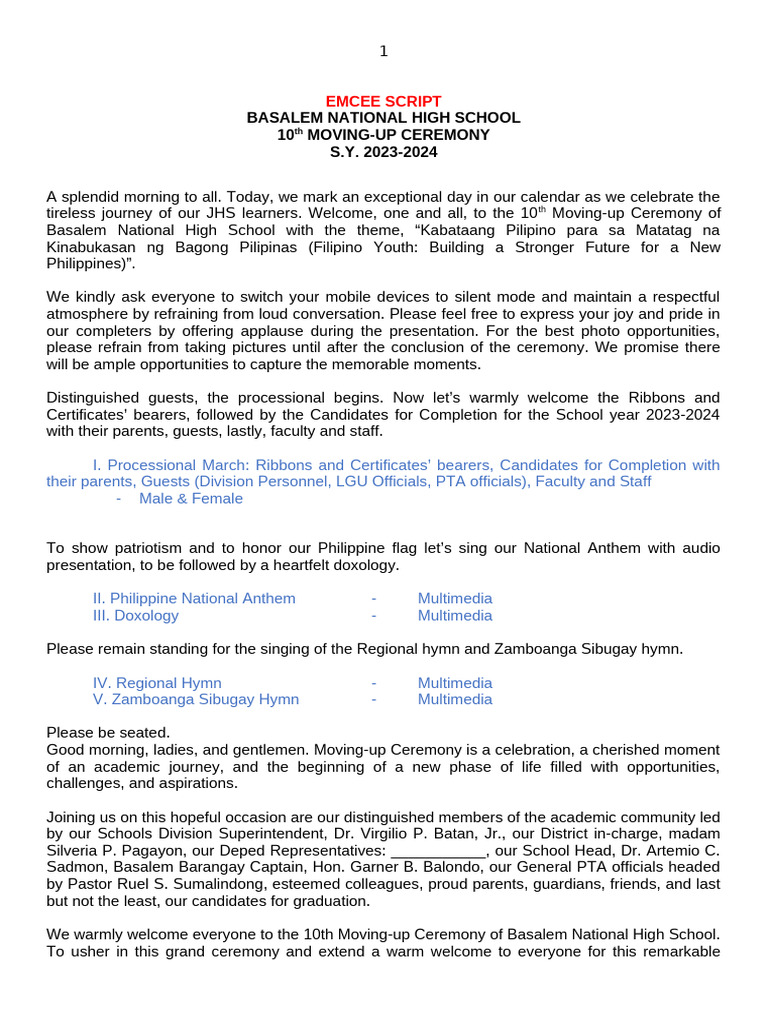 EMCEE SCRIPT - Basalem Moving-Up 2024 | PDF