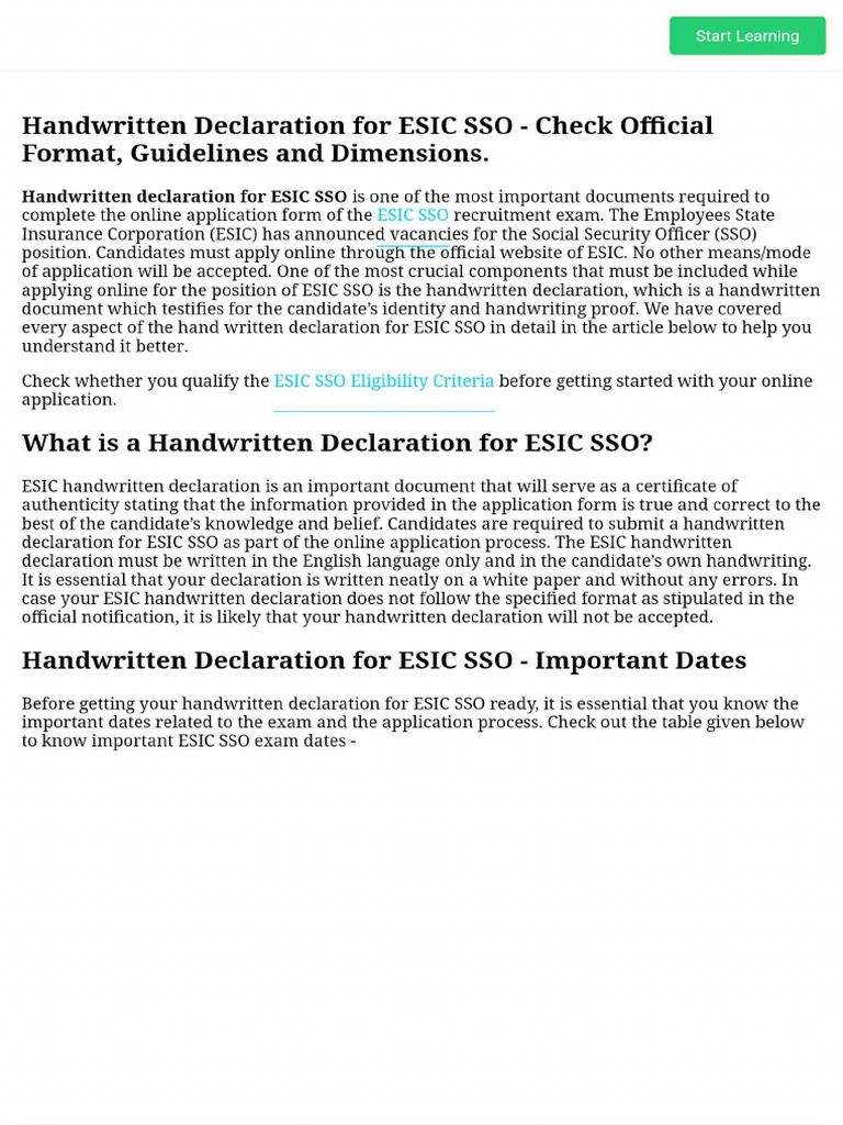 Handwritten Declaration For ESIC SSO - Check Official Format ...