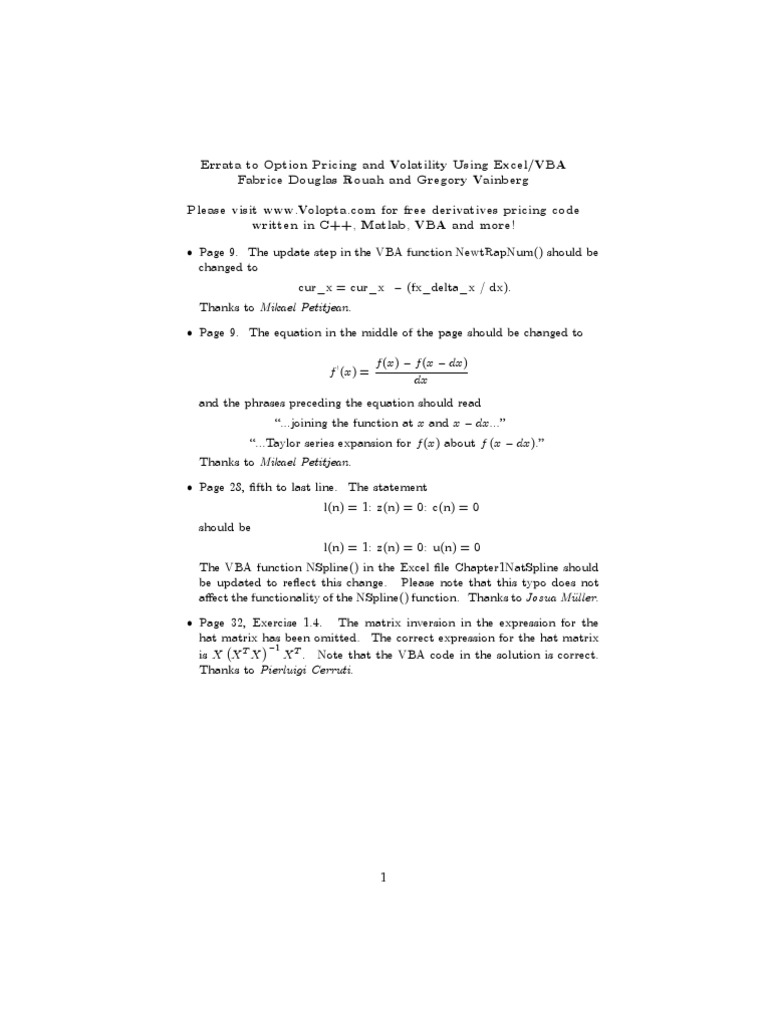 Errata for Option Pricing VBA Guide | PDF