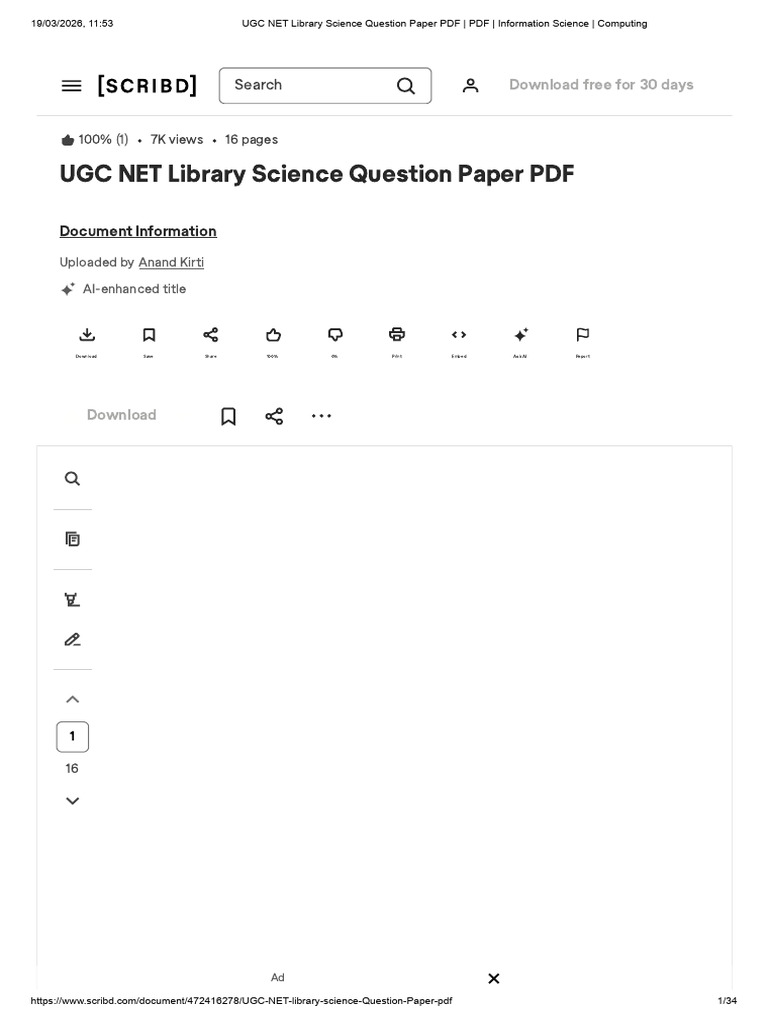 UGC NET Library Science Question Paper PDF - PDF - Information Science ...