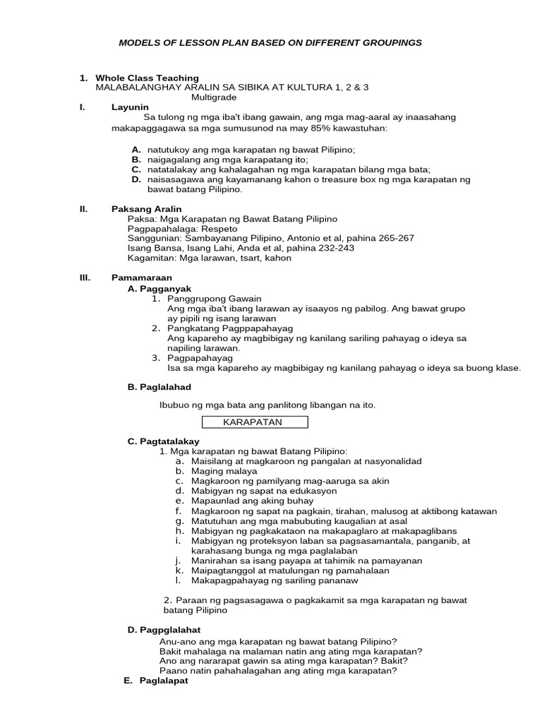 Models of Lesson Plan Based On Different Groupings | PDF