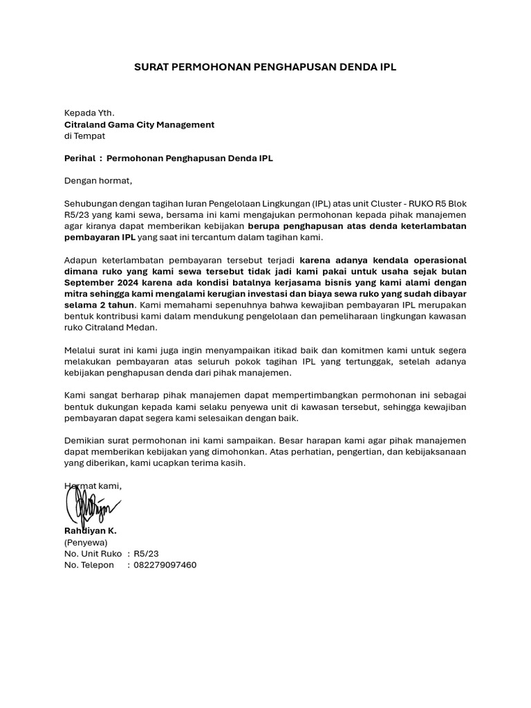 Surat Permohonan Penghapusan Denda Ipl | PDF