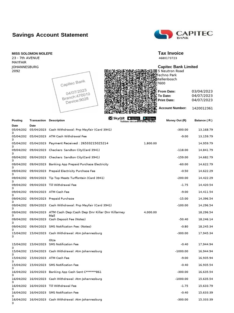 Capitec Statement Miss Solomom Molefe | PDF | Fee | Cash