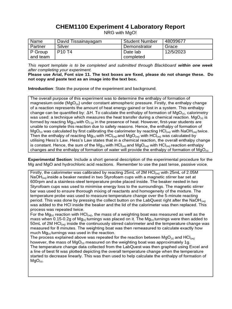 CHEM1100 Experiment 4 Report | PDF