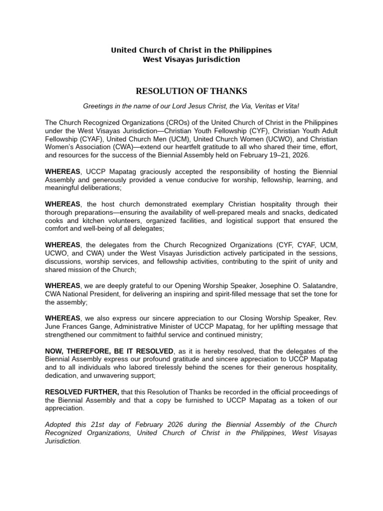 Biennial Assembly - Resolution of Thanks | PDF